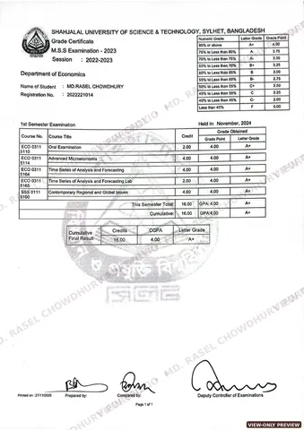 Watermarked preview of M.S.S. in Economics Academic Records